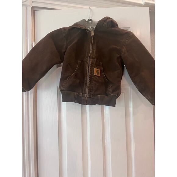 Carhartt Hooded Jacket XS 4/5 Duck Canvas Baby Coat Fleece Lined Workwear Chore - Picture 1 of 13